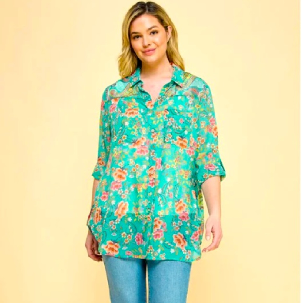 Figueroa & Flower Petite Large PL Margo floral long roll tab sleeve blouse NWT